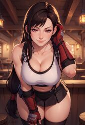 ai_generated bar big_breasts blush busty cute ditzyluna earrings final_fantasy final_fantasy_vii gloves hi_res huge_breasts indoors light-skinned_female light_skin long_hair lustful_gaze naughty_face ponytail pub red_eyes skirt smile solo solo_female solo_focus square_enix suspenders thick_thighs tifa_lockhart waitress