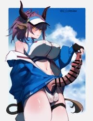 1futa animal_ears anime_nose arknights balls ballsack bar_censor big_breasts black_gloves blue_jacket blue_sky breasts censored clothed clothing covered_nipples covered_testicles cow_ears cow_girl cow_horns cow_tail cowboy_shot crop_top erection fingerless_gloves foreskin foreskin_play foreskin_pull futa_only futanari gloves hair_between_eyes highres horns huge_cock huge_nipples humanoid humanoid_penis intact jacket kemonomimi large_breasts light-skinned_futanari light_skin long_foreskin long_sleeves masturbation mirin_chikuwa mostly_clothed navel penis precum purple_hair scrotum sideroca_(arknights) sideroca_(light_breeze)_(arknights) sky smooth_penis solo standing tail testicles thigh_strap uncut unretracted_foreskin visor_cap yellow_eyes