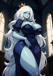 adventure_time ai_generated big_breasts blue_body cleavage crown female huge_breasts ice_queen_(adventure_time) looking_at_viewer makimass_ai white_hair