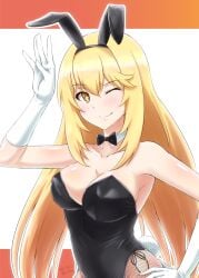 1girls blonde_hair breasts bunny_ears bunnysuit cute cute_girl fake_animal_ears female female_only kawaii large_breasts long_hair one_eye_closed playboy_bunny shokuhou_misaki smile sparkling_eyes teenage_girl teenager to_aru_majutsu_no_index yellow_eyes young younger_female_older_female