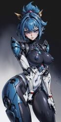 1robot_girl ai_generated android blue_eyes blue_hair erect_nipples latex_bodysuit metallic_body nipple_bulge nipples_visible_through_clothing ponceai poncedart ponytail robot_humanoid short_hair