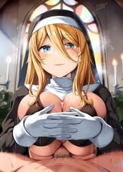 belko bikini_top black_bikini black_bra blonde_female blonde_hair blue_eyes bra breasts censored censored_penis cum cum_between_breasts cum_in_breasts ejaculation ejaculation_between_breasts female gloved_hands gloves high_resolution highres long_hair nun nun_outfit original original_character paizuri paizuri_under_bikini penis penis_between_breasts smile