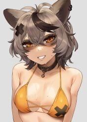 average_breasts bikini bikini_top breasts ear_piercing fluffy_ears half-closed_eyes indie_virtual_youtuber light_skin light_skinned_female looking_at_viewer medium_breasts messy_hair neckwear nervous_smile short_hair simple_background smile smiling snuffy sweat sweatdrop sweatdrops sweating swimsuit swimwear tagme tagme_(artist) teeth two-tone_hair two_tone_hair virtual_youtuber wfn_art(artist) whisperingfornothing