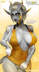 1girls alien alien_girl angel_(themusclemancer) chymlaxi cybernetics dress female horns no_panties nyuunzi solo xenosexual