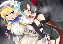 2girls ami_ria black_hair blonde_hair blue_eyes blush braid breasts closed_mouth collarbone cosplay costume drooling fingering grabbing grabbing_another's_breast grabbing_from_behind gradient_background heart kozue_mayu large_breasts long_hair looking_at_another magia_record:_mahou_shoujo_madoka_magica_gaiden mahou_shoujo_madoka_magica mikagami_jun multiple_girls navel nipple_tweak nipples open_mouth puella_magi_madoka_magica pussy_juice reach-around saliva smile sweat two_side_up vampire vampire_girl yuri