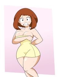 after_shower big_breasts blush boku_no_hero_academia dumbp13 embarrass embarrassed_female looking_at_viewer my_hero_academia ochako_uraraka shiny shiny_skin thick_thighs towel towel_only wet wet_body