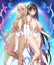 2girls :o absurdly_long_hair apollo_(evertale) artemis_(evertale) back-to-back bare_shoulders black_hair blush bow_(weapon) breasts bridal_gauntlets center_opening closed_mouth clothing_cutout cloud contrast covered_erect_nipples dangle_earrings dark-skinned_female dark_skin earrings evertale female female_only frown fully_clothed gold gold_hairband gold_trim groin hair_between_eyes hairband holding holding_bow_(weapon) holding_hands holding_weapon huge_breasts jewelry laurel_crown lens_flare light_particles long_hair looking_at_viewer multiple_girls navel navel_cutout no_panties official_art pelvic_curtain planet popqn revealing_clothes sandals shiny_skin siblings sisters sky space standing standing_on_one_leg star_(sky) starry_sky twins v-shaped_eyebrows very_long_hair weapon white_bridal_gauntlets white_hair white_nails yellow_eyes