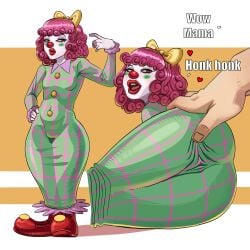 1boy 1girls ass ass_focus bow clown clown_girl clown_makeup clown_nose curvaceous curvy curvy_body curvy_female curvy_figure grabbing_ass honkers_the_clown incinerated_art johnny_bravo_(series) laying_down lipstick looking_at_viewer looking_back looking_back_at_viewer pink_hair short_hair shortstack spread_ass spread_pussy spreading thick thick_thighs yellow_bow