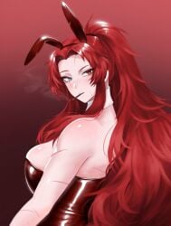 big_breasts bunny_ears corset gebura_(lobotomy_corporation) heterochromia library_of_ruina long_hair looking_back project_moon red_hair scar smoking