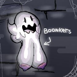 areolae ball_with_hyper_features big_breasts boo_(mario) breasts eyelashes foggy_background ghost haunted_house mario_(series) nipples pink_nipples pixel_art pussy spider_web super_mario_world text white_body