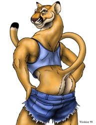 1990s 1998 20th_century anthro ass back_view cougar felid feline looking_at_viewer looking_back male male_only mooning muscular muscular_anthro muscular_male pants pants_down shirt shorts simple_background smile wooky yellow_body yellow_eyes yellow_fur