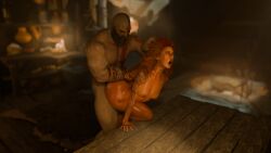 1boy 1girls arms_behind_back bigger_male breasts doggy_style female forced god_of_war god_of_war_ragnarok held_down human kratos laikablend male muscular_male nipples nude nude_male restrained restrained_arms size_difference smaller_female table table_sex thrud_(god_of_war)