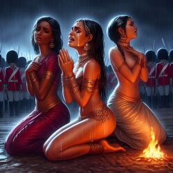 3girls ai_generated black_hair_female british_empire british_soldier brown-skinned_female brown_skin closed_eyes colonialism conquered crying dall-e3 defeated enslaved female femsub historical historical_porn history imminent_gangbang imminent_rape india indian indian_clothes indian_female interracial jewelry kneeling light-skinned_female light_skin long_hair male praying rain raining saree soldier soldiers spoils_of_war surrendering tagme