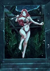 algae big_breasts bikini breasts collarbone curly_(foxeye) female foxeye_(artist) knife navel original original_character purple_eyes red_hair seaweed swimsuit underwater