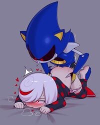 1boy 1girls blue_skin female heart-shaped_pupils male metal_sonic pajamas red_eyes robot sage_(sonic_frontiers) sex sonic_(series) sonic_frontiers sonic_the_hedgehog_(series) tagme white_hair