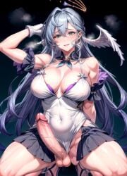 1futa absurd_res ai_generated angel_wings big_breasts blue_hair cleavage futa_only futa_sans_pussy futanari green_eyes halo head_wings heels honkai:_star_rail penis qqitu robin_(honkai:_star_rail) stable_diffusion thick_thighs veiny_penis