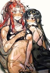 2girls big_breasts binah black_hair exposed_breasts gebura_(lobotomy_corporation) library_of_ruina long_hair medium_breasts multiple_girls project_moon red_hair revealing_clothes scar torn_clothes underwear_only visible_nipples