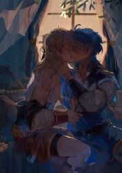 2boys belt blonde_hair blue_hair byebyefrog eldigan_(fire_emblem) fire_emblem fire_emblem:_genealogy_of_the_holy_war french_kiss imminent_sex indoors kissing male male_only medium_hair mistletoe multiple_boys muscular muscular_male nintendo sigurd_(fire_emblem) sitting tongue tongue_out topless undressing window yaoi