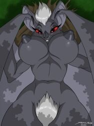 anthro bat breasts doodledan86 eyelashes female female_only grey_body hair mammal navel nipples red_eyes solo white_hair wings