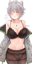 black_bra catgirl core_crystal gold_eyes jacket meidza_d na'el_(xenoblade) panties_visible_through_clothing pantyhose tagme white_hair xenoblade_(series) xenoblade_chronicles_3