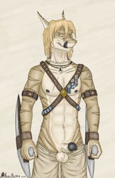 1boy 2013 abs ace_stryker anthro balls biceps blonde_hair chest clothing erection fish hair harness looking_at_viewer male male_only marine medieval military necklace nipples pants partially_clothed penis scar shark smile soldier solo standing stripes toned tongue weapon yellow_eyes