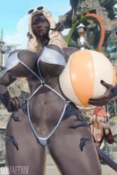 2girls 3d absurd_res angry_face au_ra beachball big_breast bikini black_skin blonde_hair blue_eyes breast_squeeze cirina_mol coel3d dragon_tail duo female final_fantasy_xiv green_eyes holding_beachball horns looking_at_viewer pale_skin pubic_hair red_hair sadu_dotharl scales smiling solo square_enix steam tail thick_thighs