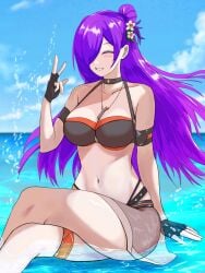 1girls alternate_costume bikini black_bikini black_choker black_swimsuit choker female female female_only fire_emblem fire_emblem:_three_houses fire_emblem_heroes fire_emblem_warriors:_three_hopes flower hair_flower hair_ornament hair_over_one_eye highres matchanosuke_fe nintendo official_alternate_costume purple_hair shez_(female)_(fire_emblem) shez_(female)_(summer)_(fire_emblem) shez_(fire_emblem) smile solo swimsuit water white_flower