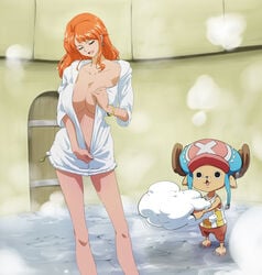 1boy 1girls bath bath_tub bottomless clothing cloud color female fujimaruu huge_breasts human interspecies male nami one_piece post-timeskip sweat sweatdrop tony_tony_chopper topless undressing