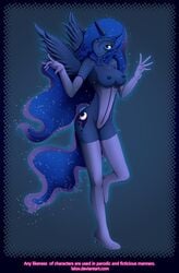 anthro bare_shoulders blue_hair blue_skin breasts breasts_out cutie_mark cyan_eyes elbow_gloves female friendship_is_magic gloves horn human humanized lalox leotard long_hair my_little_pony nipples on_one_foot princess_luna_(mlp) smooth_skin solo thigh_boots thighhighs wings wink