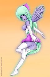 anthro bare_shoulders breasts elbow_gloves female flitter_(mlp) friendship_is_magic gloves green_hair hairbow human humanized lalox long_hair my_little_pony nipples purple_eyes purple_skin sideboob skirt solo tail thighhighs white_legwear