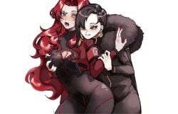 2girls big_breasts binah black_hair blush bodysuit clothing coat earrings from_behind_position gebura_(lobotomy_corporation) grabbing heterochromia lobotomy_corporation long_hair project_moon red_hair short_hair skinsuit thick_thighs