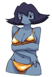 1girl 1girls 5_fingers angry annoyed annoyed_expression bare_shoulders big_breasts bikini bikini_bottom bikini_top black_eyes black_hair blue_skin breasts cleavage clothed clothed_female clothing crossed_arms darkstalkers dot_nose eyebrows female female_focus female_only golden_bikini golden_week hsien_ko humanoid jiangshi lei-lei lei_lei looking_angry looking_annoyed monster_girl narrowed_eyes navel short_hair solo solo_female solo_focus the_cal tight_clothing white_background