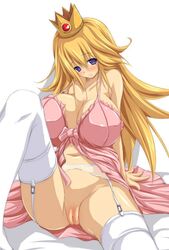 blue_eyes blush bra breasts crown eyes fct hair huge_breasts long_hair mario_(series) nintendo princess_peach pussy