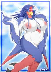 anthro avian big_breasts blue_eyes blue_hair blush bottomless breasts cleavage clothed clothes female hair half-dressed long_hair looking_at_viewer navel nintendo on_one_foot pokemon pokemorph skimpy solo standing swellow video_games wide_hips winged_arms wink ymbk