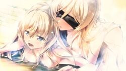 2girls age_difference ass big_breasts black_blindfold blindfold blonde_hair blue_eyes blush breasts breasts_against_back cowgirl_position d: gc3 goblin_slayer highres large_breasts long_hair lying multiple_girls nipples older_female older_woman_and_teenage_girl on_back open_mouth priestess_(goblin_slayer) shiny_skin small_breasts sword_maiden_(goblin_slayer) woman_on_top younger_female yuri