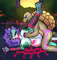 absurd_res alli_(alli_croc) allisin anthro big_breasts bodypaint breasts crocodile crocodilian duo female female_penetrated hair hi_res male male/female male_penetrating nipple_piercing nipples penetration piercing pregnant pregnant_female purple_hair reptile scalie shell smile smiling_at_another turtle turtle_shell