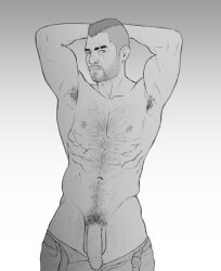 aidenlydiansfw arms_up bara barazoku body_hair call_of_duty call_of_duty:_modern_warfare_2 facial_hair grayscale greyscale happy_trail john_mactavish large_penis male_focus male_only monochrome muscles muscular_male pants_down pinup pinup_pose posing_for_the_viewer scar_across_eye solo_male toned_body toned_male