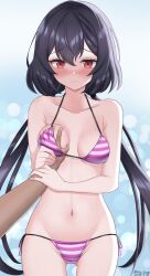 1other bikini black_hair blush chinese_commentary commentary_request counter:side cowboy_shot female gluteal_fold grabbing grabbing_another's_breast highres lily_(counter:side) long_hair looking_at_viewer low_twintails lowleg lowleg_bikini neko_huan nose_blush red_eyes side-tie_bikini_bottom striped_bikini striped_clothes swimsuit twintails