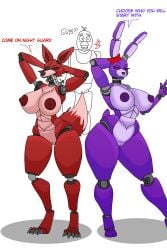 3girls abs anthro ass big_ass big_breasts bonnie_(fnaf) breasts bunny canine chica_(fnaf) claws female_abs five_nights_at_freddy's fox foxy_(fnaf) furry long_ears looking_at_viewer mr_invader muscular muscular_female nipples presenting_pussy purple_eyes pussy rule_63 smile tail teeth text thick_thighs tongue_out video_games