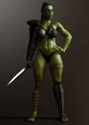 1girls 3d bikini black_hair green_skin green_skinned_female ironclawroo orc orc_female original sandals skimpy_armor sword weapon