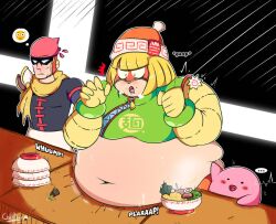 1girls 2boys arms_(game) big_belly big_breasts captain_falcon chillday cute cute_face emoji flushed_face gasp gasping kirby kirby_(series) looking_at_self min_min_(arms) nintendo nose_bleed obese thinking_about_another thinking_of_someone_else turned_on