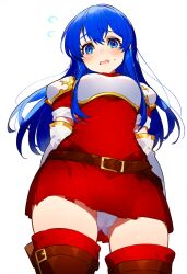 1girls ai_generated armor arms_behind_back ass_visible_through_thighs bangs belt blue_eyes blue_hair blush boots breastplate caeda_(fire_emblem) cowboy_shot dress elbow_gloves embarrassed fire_emblem fire_emblem:_mystery_of_the_emblem fire_emblem:_shadow_dragon flying_sweatdrops from_below gloves hair_between_eyes long_hair looking_at_viewer looking_down nintendo novelai open_mouth panties pantyshot pauldrons red_dress red_thighhighs self-upload short_dress shoulder_armor simple_background skirt solo standing sweatdrop thigh_boots thighhighs thighs underwear upskirt wavy_mouth white_background white_gloves white_panties zettai_ryouiki