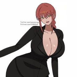 1girls artist_name big_breasts breasts business_suit chainsaw_man cleavage clothed_female corngak light-skinned_female makima_(chainsaw_man) mature_female momozangg open_mouth red_hair solo solo_female thick_thighs thighs watermark white_background yellow_eyes