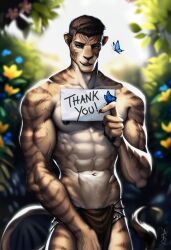 1boy 2024 abs ai_generated anthro athletic athletic_anthro athletic_male avaru avaru_(character) biceps black_lips black_nipples blue_eyes brown_body brown_fur brown_hair butterfly dark_hair deity demon felid feline flower fur hair humanoid humanoid_face hybrid lips loincloth looking_at_viewer male male_focus male_only mammal multicolored_body multicolored_fur muscular muscular_male navel nipples pecs seductive solo striped_body striped_fur stripes thank_you tuft vein