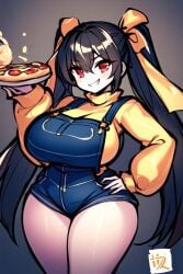 aged_up ai_generated big_ass big_breasts black_hair cassidy_(fnaf) clothed female female_only five_nights_at_freddy's fnaf grin hand_on_hip holding_object huge_ass huge_breasts overalls pizza red_eyes teasing thick_thighs twintails yellow_sweater