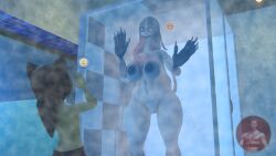 anikidundy blonde_hair catboy creepypasta emojis japanese_mythology long_tongue momo_(creepypasta) monster_girl original_character pressed_on_glass shower steam urban_legend younger_male