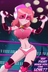 1girls bare_arms bare_legs bare_shoulders bare_thighs biting_lip clothed clothing color english_text female female_focus female_only fingerless_gloves great_dude hi_res light-skinned_female light_skin looking_at_viewer miss_heed_(villainous) pink_eyes pink_hair short_hair solo solo_female tagme text text_bubble thick_thighs villainous wrestling wrestling_ring