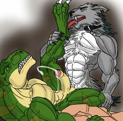 2boys anal anthro canine carlos collar crash_azarel cum cumshot dinosaur furry male male_only multiple_males muscles no_humans orgasm penetration penis scalie testicles todex transformation tyrannosaurus_rex werewolf wolf yaoi