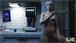 1girls 3d charlie_(ironclawroo) cigarette eyepatch grey_hair grey_panties ironclawroo original panties topless topless_female