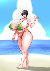 1girls beach big_breasts bikini black_hair breasts busty curvaceous curvy curvy_body curvy_female curvy_figure female green_bikini green_eyes huge_breasts large_breasts original original_character short_hair thick_thighs thighs voluptuous yojo_shinshi